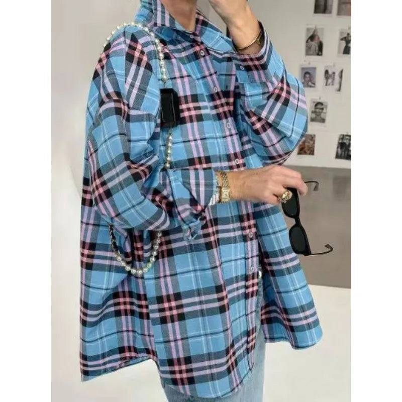 Fashion Baggy Plaid Women'S Blouse Elegant Lapel Long Sleeve Shirts And Blouses Vintage Pocket Lace-Up Top Female 2025