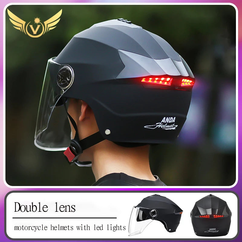 Motorcycle Helmet with LED Lights | Adjustable Electric Scooter & Moped Half Helmet for Men and Women