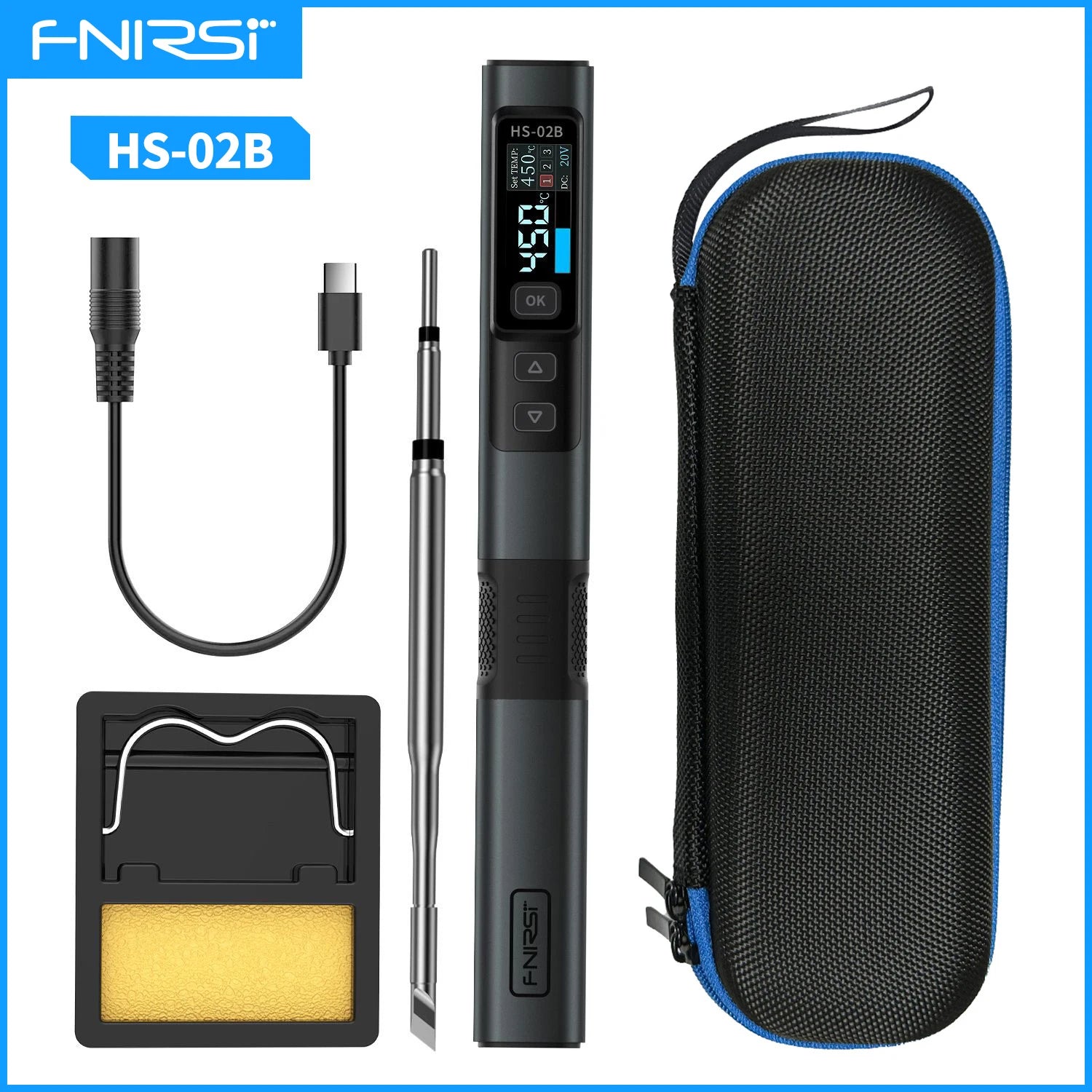 FNIRSI HS-02 Adjustable Temperature Soldering Iron DC 20V 100-450℃ Welding Solder Rework Station PD 100W Portable Repair Tool