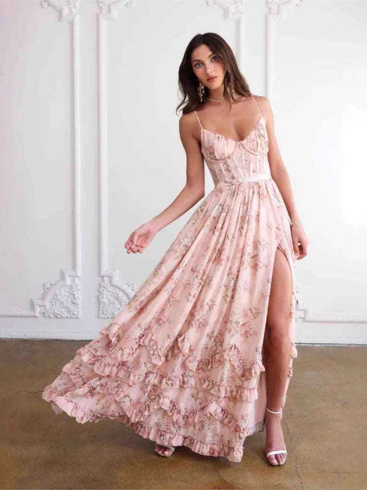Sexy Summer Beach Dress 2025 Women Spaghetti Strap Vacation Holiday Long Dresses Elegant Ruffles Printed Vestidos Para Mujer