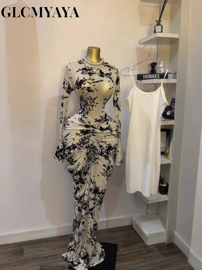 CM.YAYA Women Long Sleeve Stacked Mesh See Though with Lining Bodycon Long Dress 2025 Autumn Evening Birthday Sexy Party Dresses