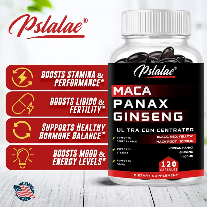 Xemenry Maca Root + Korean Ginseng Capsules – 10,000 mg Maca (Black, Red, Yellow) + 1,400 mg Ginseng | High Strength Energy & Vitality Supplement (30/60/120 Capsules)