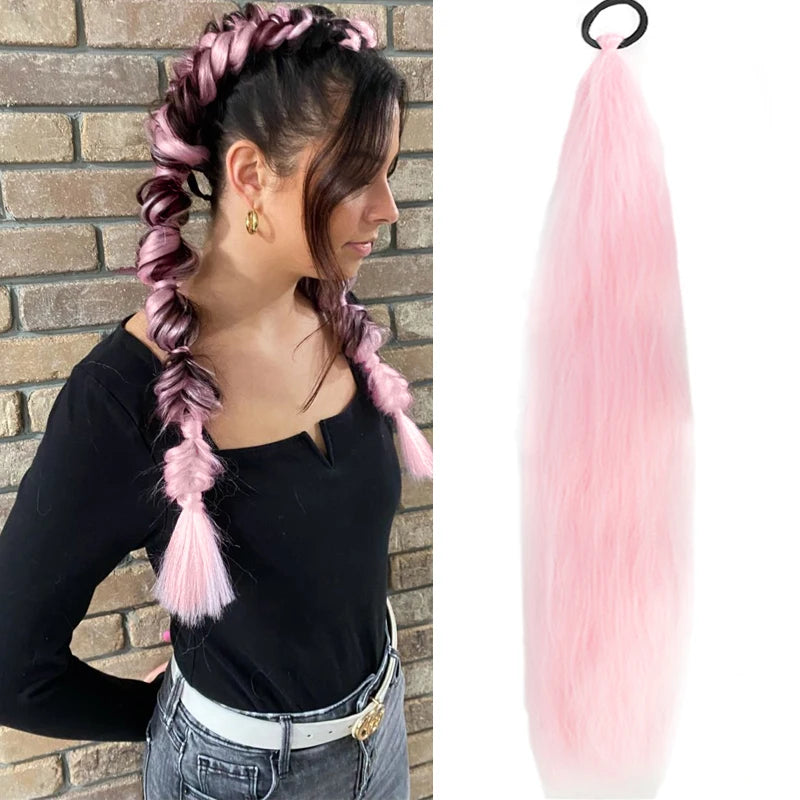 Synthetic Purple Hair Ponytail with Elastic Rubber Band Long Yaki Straight Ponytail for DIY Braiding for Christmas Halloween Use