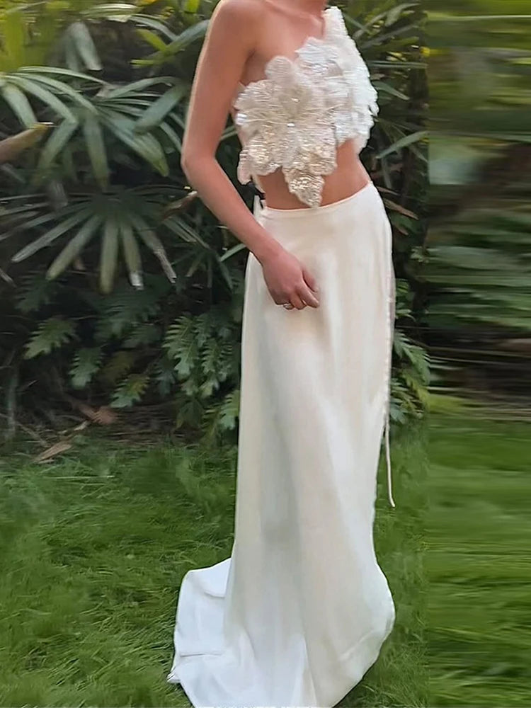 Sexy 3D Flower Vest Skirt Sets Women Slim Sequin Lace Up Crop Tops High Split Long Skirts 2026 Summer Lady Vacation Outfits