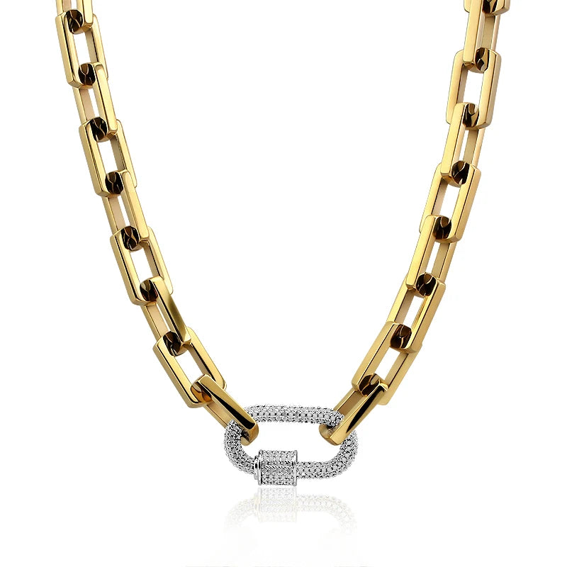 18K Gold & Silver Chunky Paperclip Chain Necklace | Zircon Carabiner Lock Minimalist Jewelry