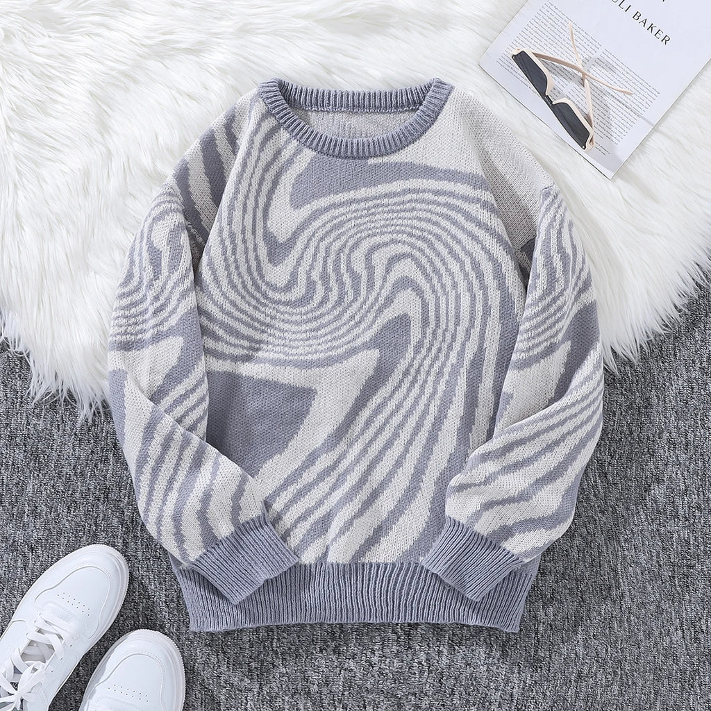 New Popular Autumn and Winter Maze Jacquard Pattern Pullover Sweater Casual Round Neck Contrast Color Knitted Men's Pullover