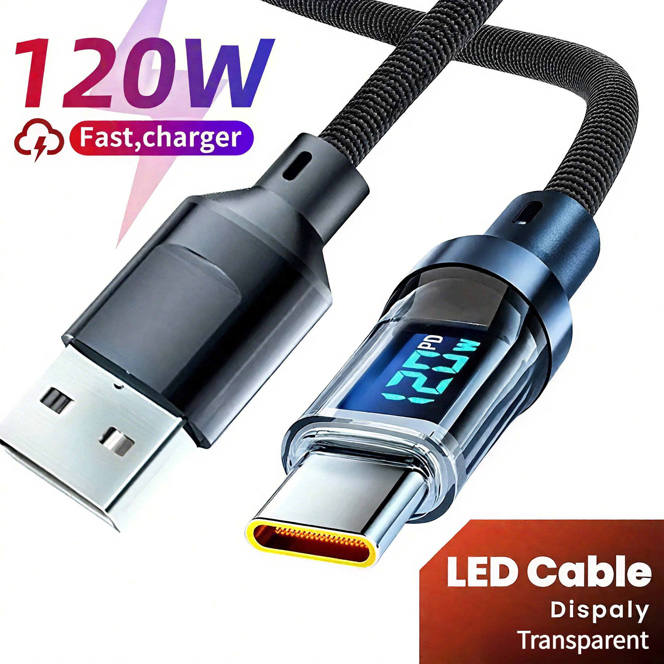 120W USB to Type-C Fast Charging Cable with LED Display – Super Speed Data Cord for Huawei, OPPO, Vivo