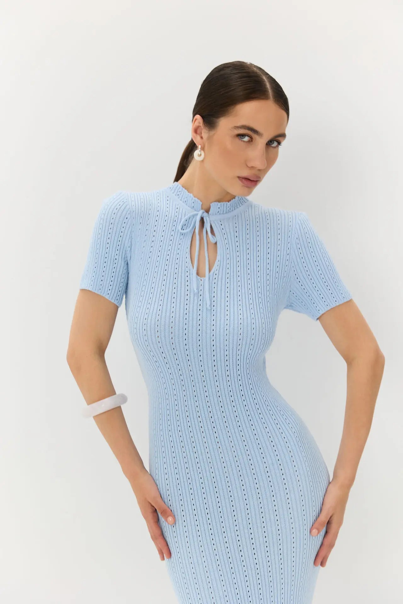 Tossy Knit Hollow Out Lace-Up Dress Female Ribbed Short Sleeve Patchwork High Waist Elegant Long Dress Women's Knitwear Dress