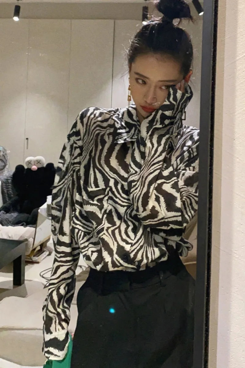 Zebra Print Shirt Women's Spring Thin Tops Retro Fashion French Chiffon Shirts Women's Loose Versatile Sunscreen Shirts Top