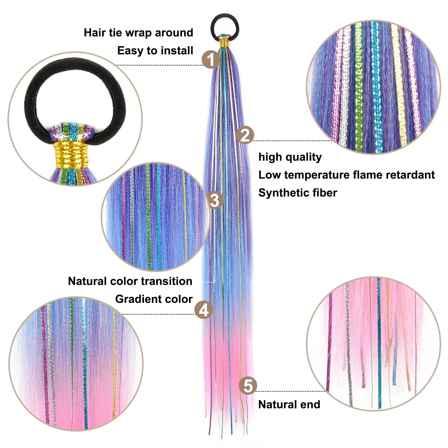26 Inch Hair Tinsel Colored Braided Ponytail Extension 1/2 Pack Blue Pink Gradient Hair Extensions Synthetic Ponytail