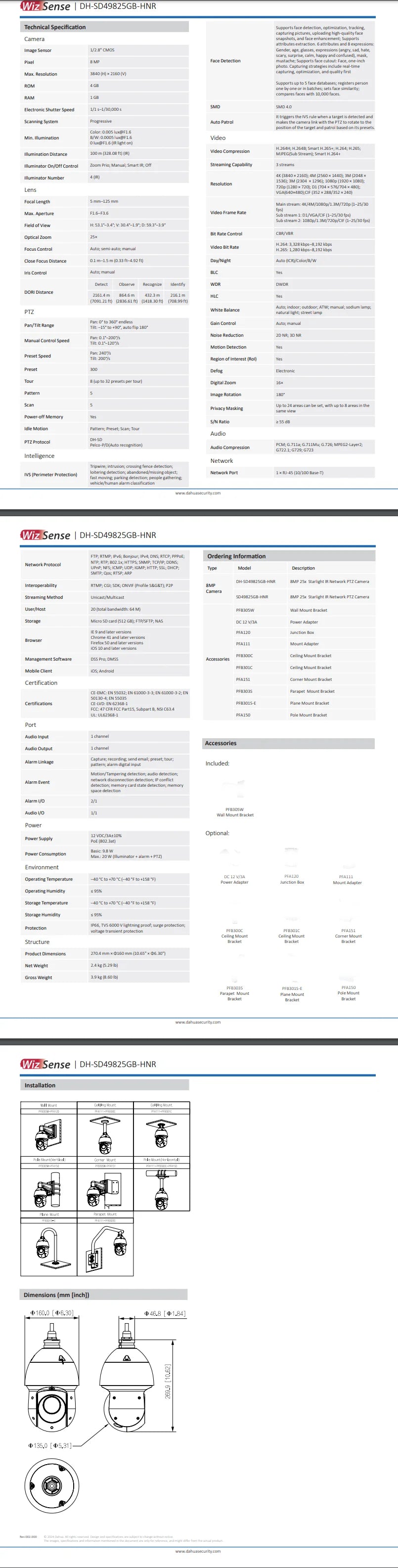 Dahua PTZ Camera SD49825GB-HNR 8MP 25X Optical Zoom Starlight Network Surveillance Camera IR Distance up to 100M Face Detection