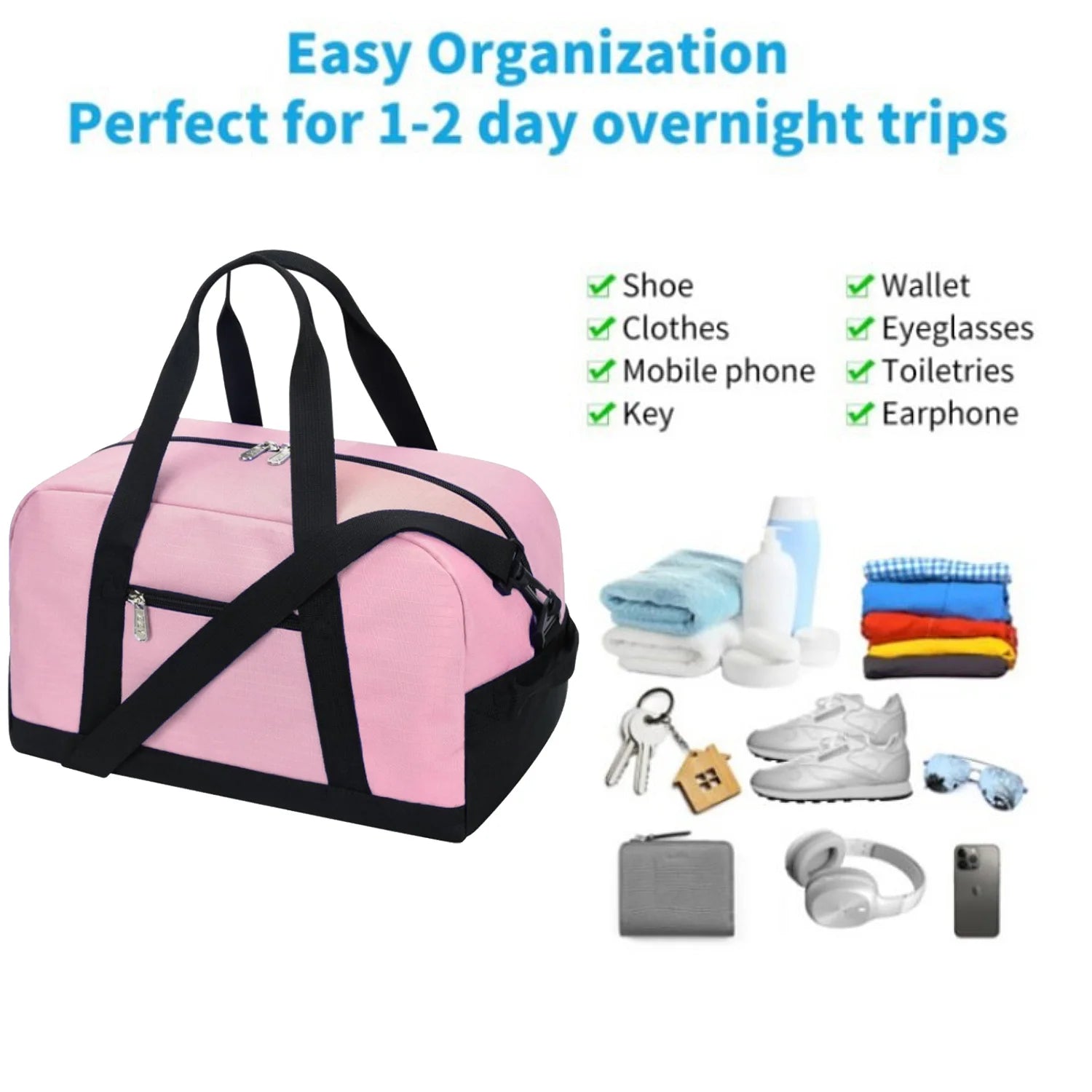 Fitness bag, handbag crossbody bag,luggage bag, lightweight multi compartment,double zipper design,suitable for overnight travel