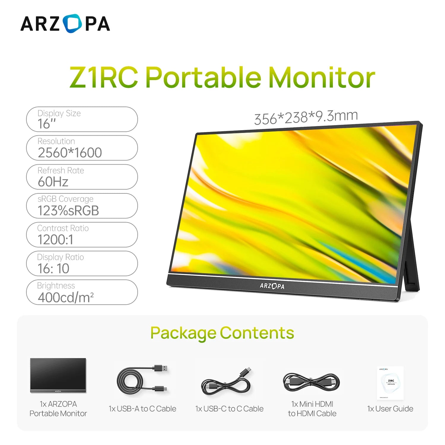 ARZOPA Z1RC 16" 2.5K Portable Monitor — 16:10 IPS | 100% sRGB | HDR10