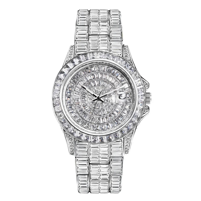 MISSFOX Full Iced-Out Men’s Watch | Luxury Diamond Silver Stainless Steel Quartz with Auto Date