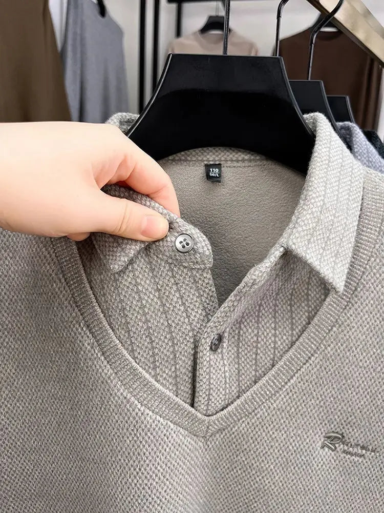 Men's Plush Sweater Autumn Winter Fashion Button Lapel Striped Pullovers Business Casual Fleece Lined Knitted Thickened Sweaters