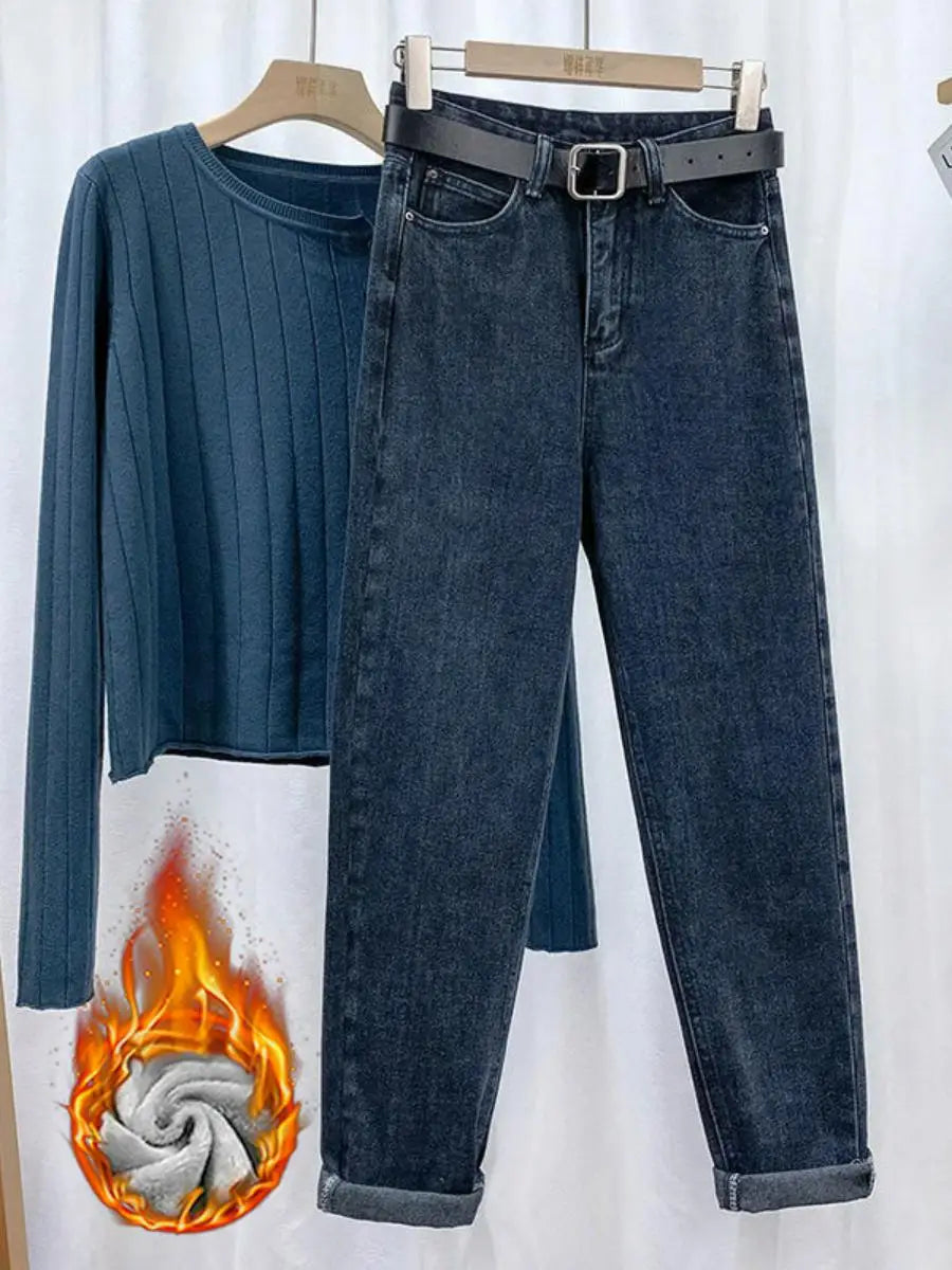 Women's Fce Lined High Waist Straight Leg Jeans Thiened Warm Nine Point Harlan Dad Pants Slimming Tapered Cuffed Ankle