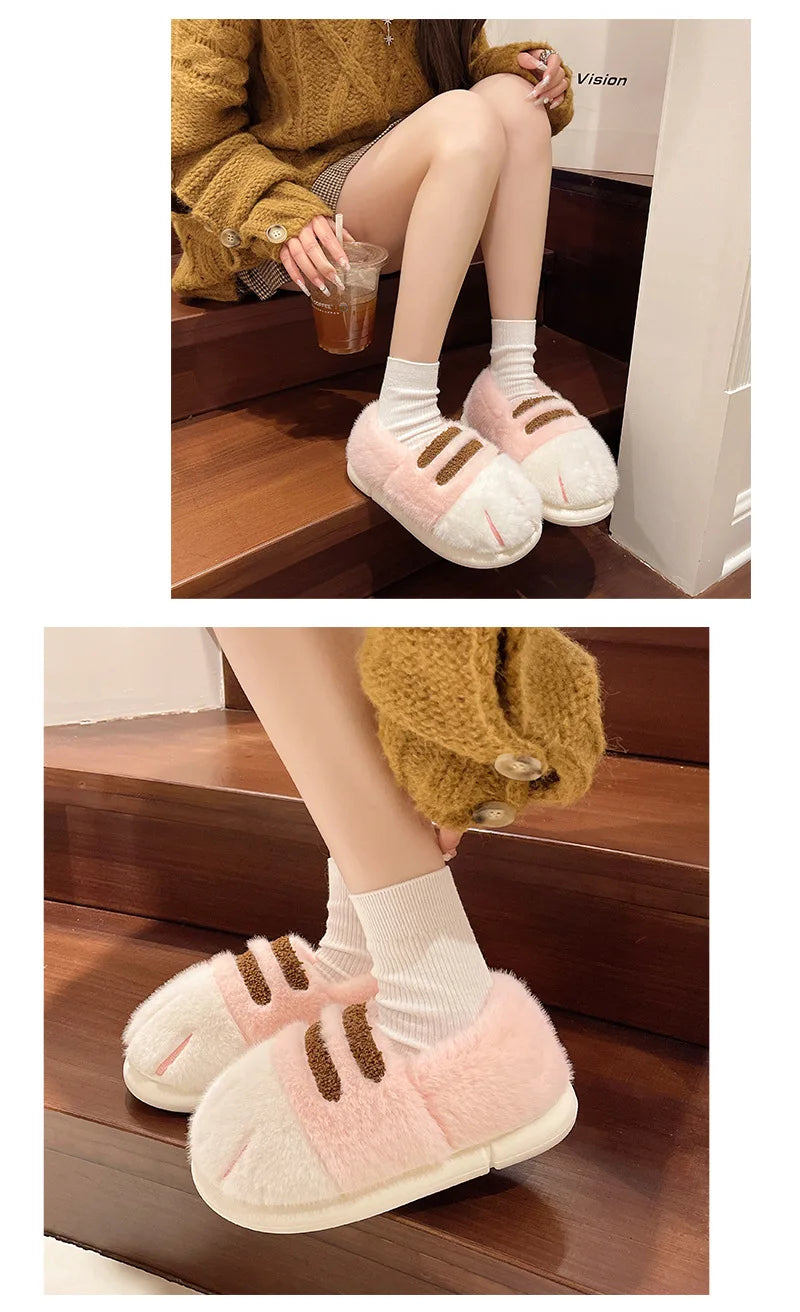 New Adorable Kitty Claw Slippers Women's Home Shoes Non Slip Furry Mules Female Fashion Warm Fluffy Slides Outdoor Cat Slippers