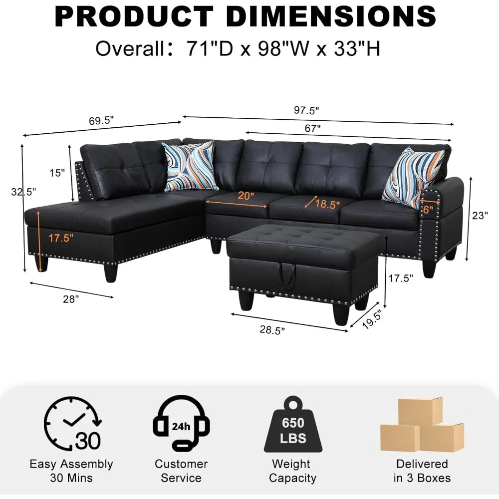 Sectional Sofa Couch, Modern 4-Seaters Living Room Furniture Sets with Chaise Lounge, Ottoman & 2 Pillows | L Shape Couch