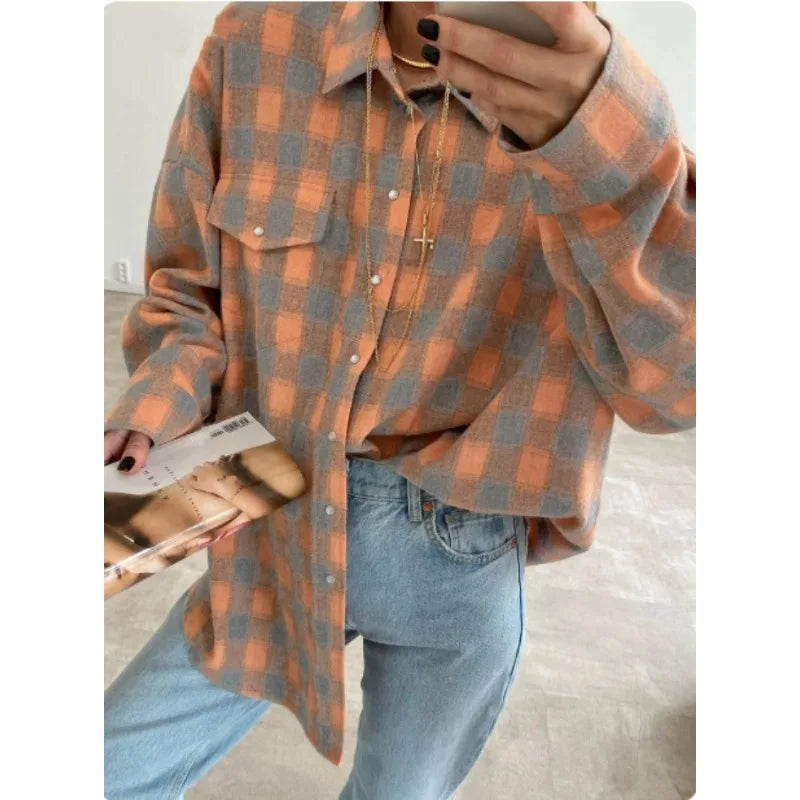 Fashion Baggy Plaid Women'S Blouse Elegant Lapel Long Sleeve Shirts And Blouses Vintage Pocket Lace-Up Top Female 2025