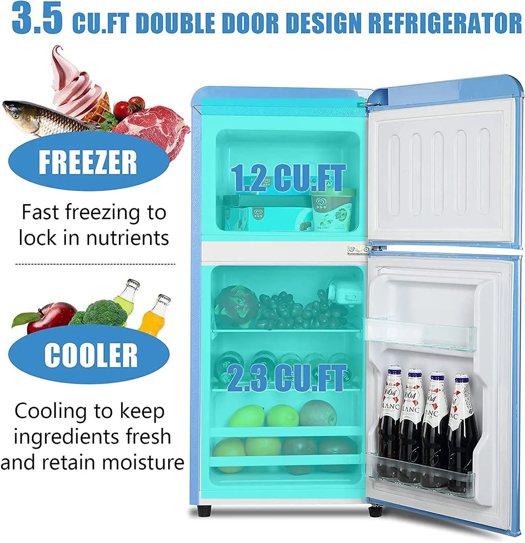 3.2 Cu.ft  Double Door Compact Refrigerator, Mini Fridge with Freezer, Retro Design Small Drink Chiller for Home, Office