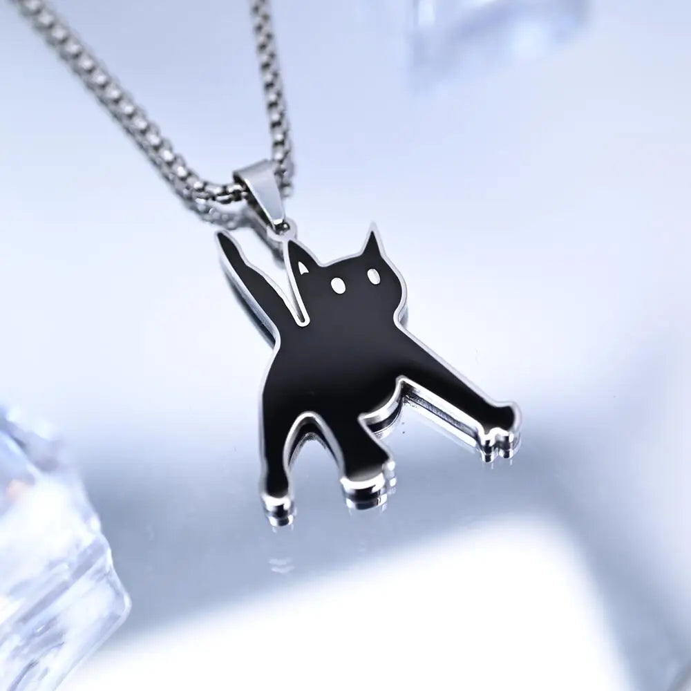 Scared Black Cat Pendant Necklace | Titanium Steel K-Pop Fashion Chain for Men & Women
