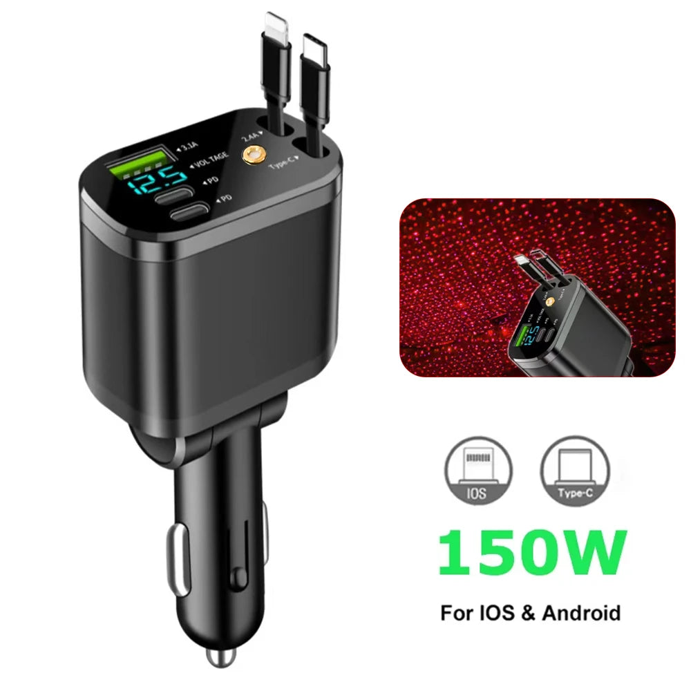 150W Car Charger PD30W Car Cigarette Lighter Adapter Voltage Display With Retractable Cable Fast Charger 22.5W For IOS Android