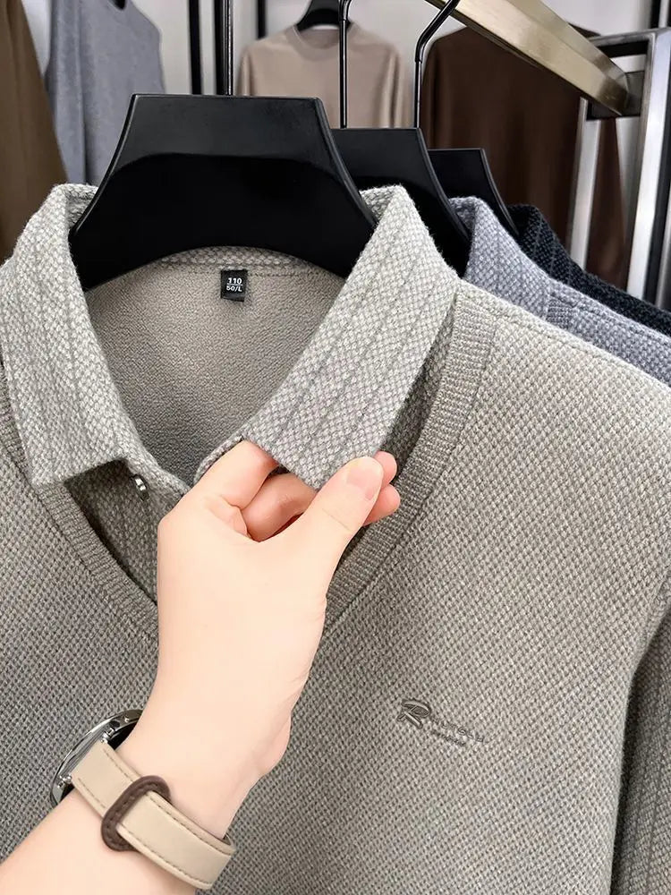 Men's Plush Sweater Autumn Winter Fashion Button Lapel Striped Pullovers Business Casual Fleece Lined Knitted Thickened Sweaters
