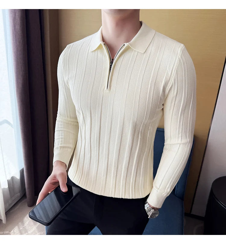 Men's Zip-Front Knit Sweater - White Polo Collar (Black/Burgundy/Cream) M-4XL Soft Touch Autumn Winter Casual Style