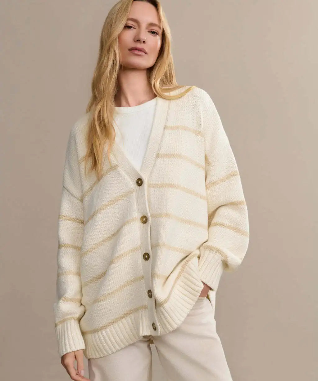 Cozy Autumn Striped Knit Cardigan – V-Neck Button-Up Sweater for Effortless Style