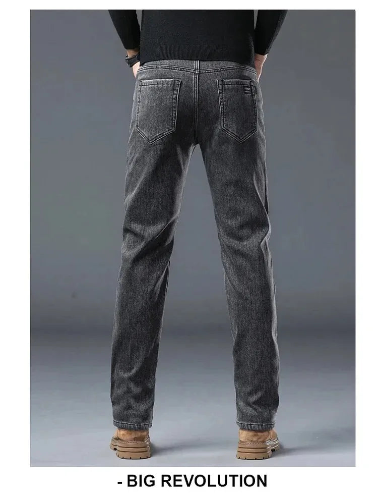 2025 New Winter Men Black Straight Stretch Denim Thick Velvet Pants Warm Jeans Casual Fleece Line Trousers Male Plus Size
