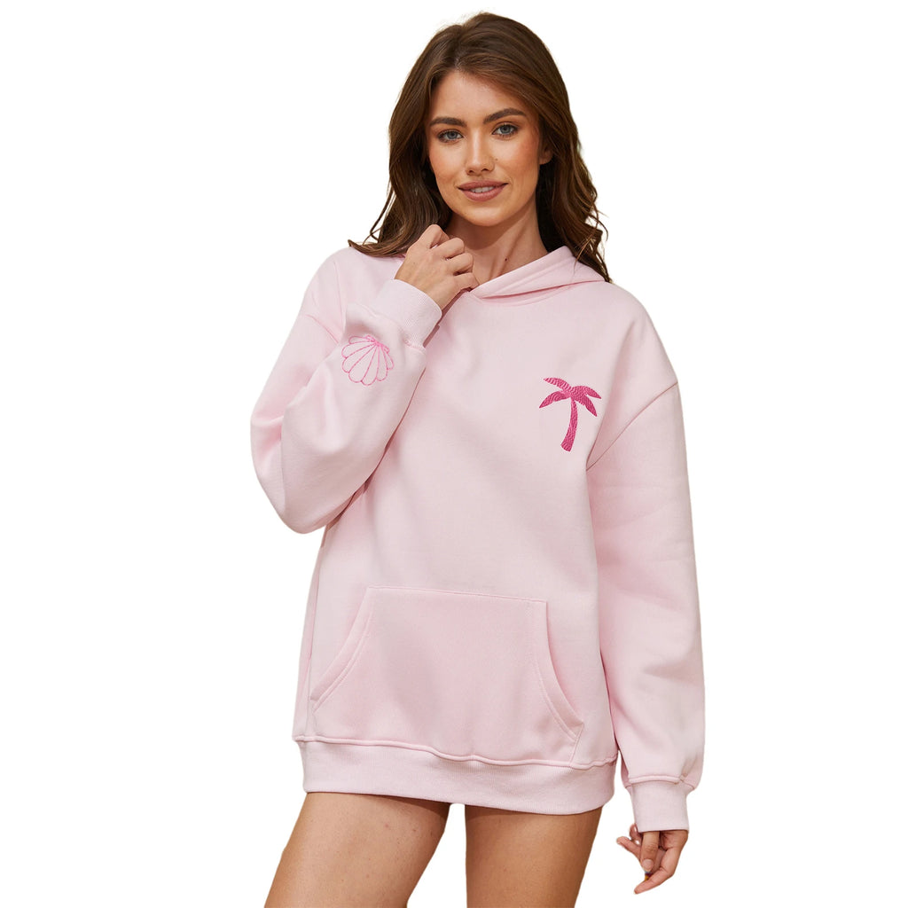 Women’s Coconut Tree Embroidered Hoodie – Loose Waffle-Knit Pullover