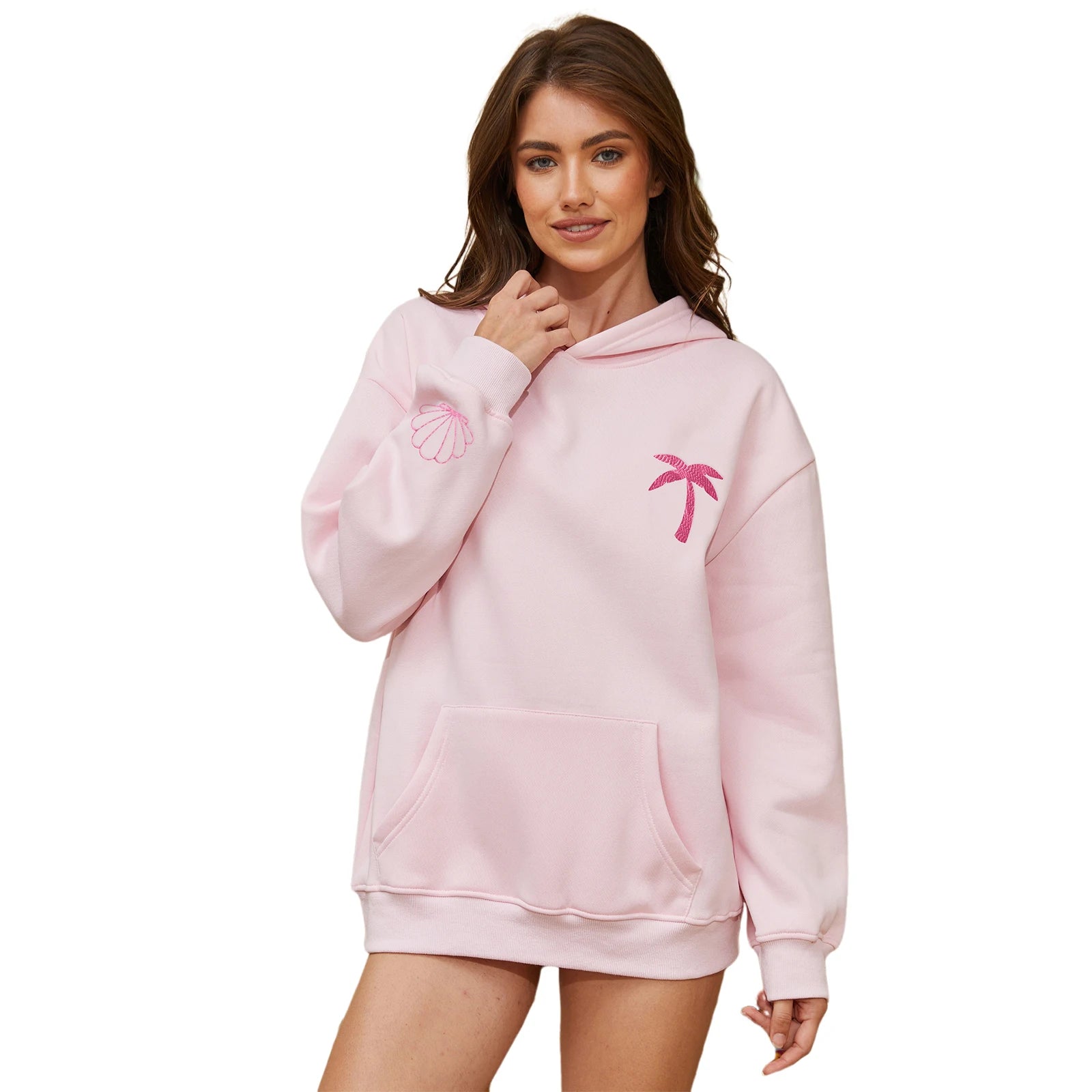 Women’s Coconut Tree Embroidered Hoodie – Loose Waffle-Knit Pullover