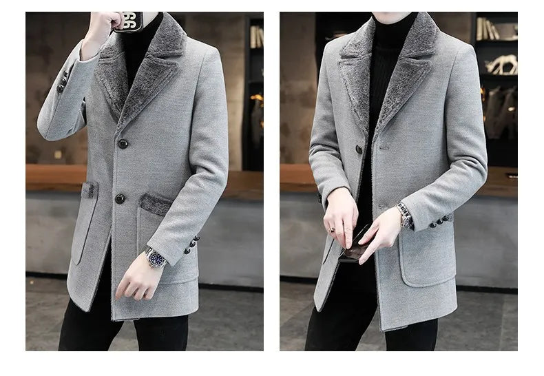 2025 Winter Men Plush Jacket Turn Down Collar Pocket Male Coat Single-breasted Long Sleeve Mid Length Business Man OverCoat
