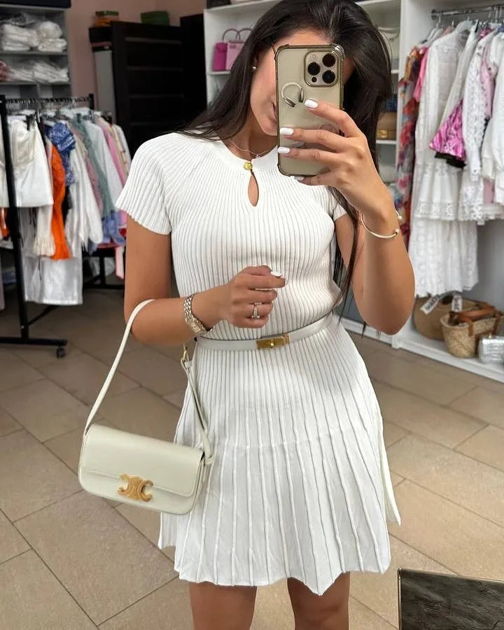 Ribbed Knitting A-line Short Dress Chic Elegant Slim Summer Dress 2025 Short Sleeve Round Neck Fashion New Dresses Vestidos