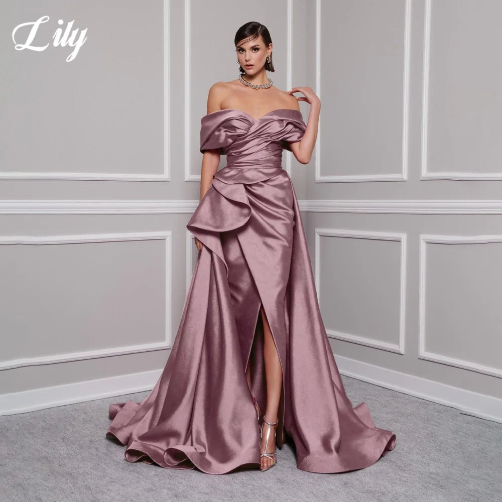 Lily Red Elegant Prom Gown V-Neck Off the Shoulder Party Dress for Woman Satin Pleating Side Split Evening Dresses Customized