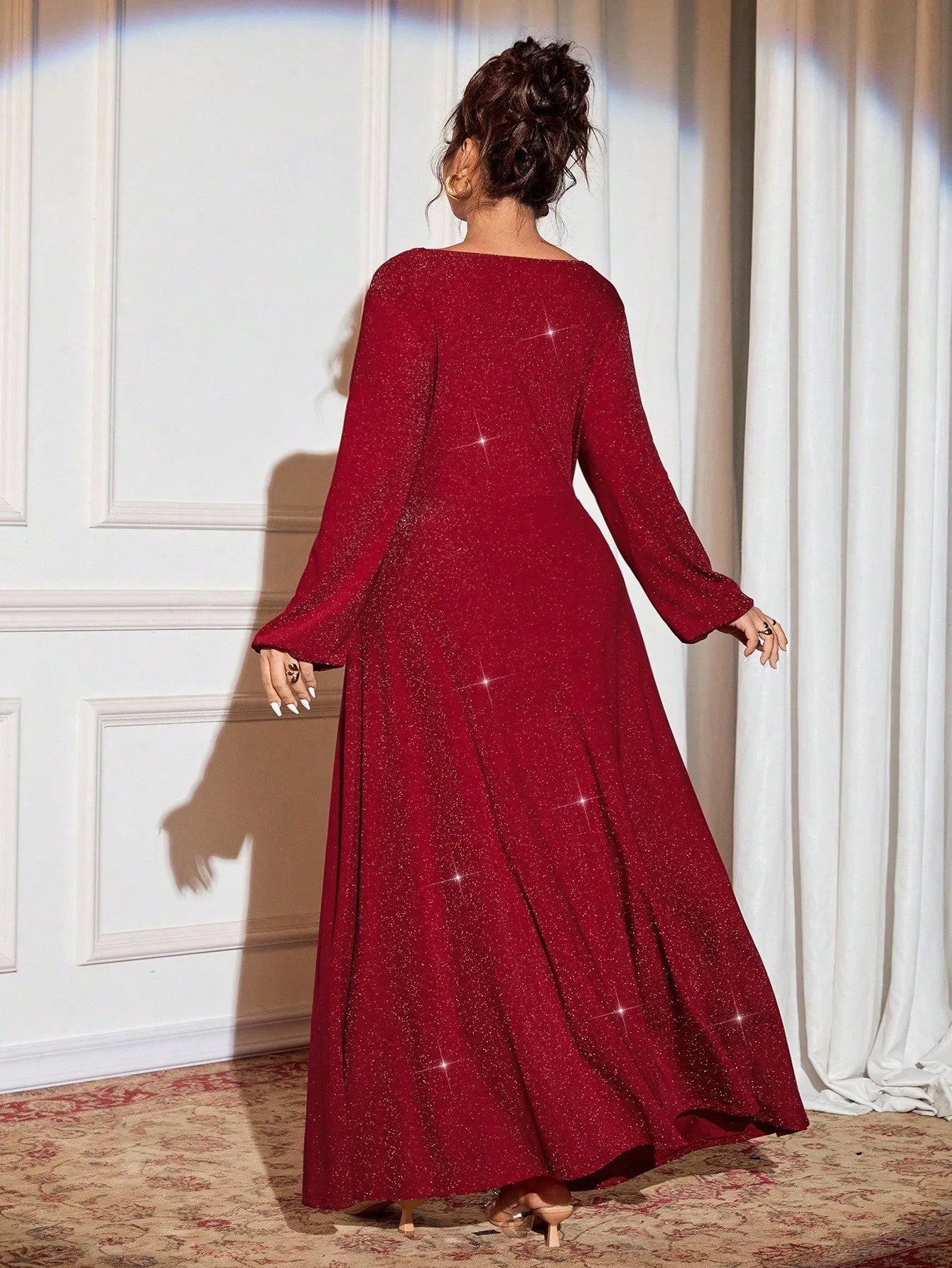 Elegant Red Shiny Draped V-Neck Maxi Dress with Long Sleeves for Formal Events