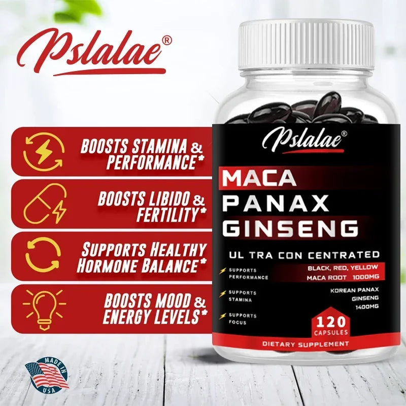 Xemenry Maca Root + Korean Ginseng Capsules – 10,000 mg Maca (Black, Red, Yellow) + 1,400 mg Ginseng | High Strength Energy & Vitality Supplement (30/60/120 Capsules)