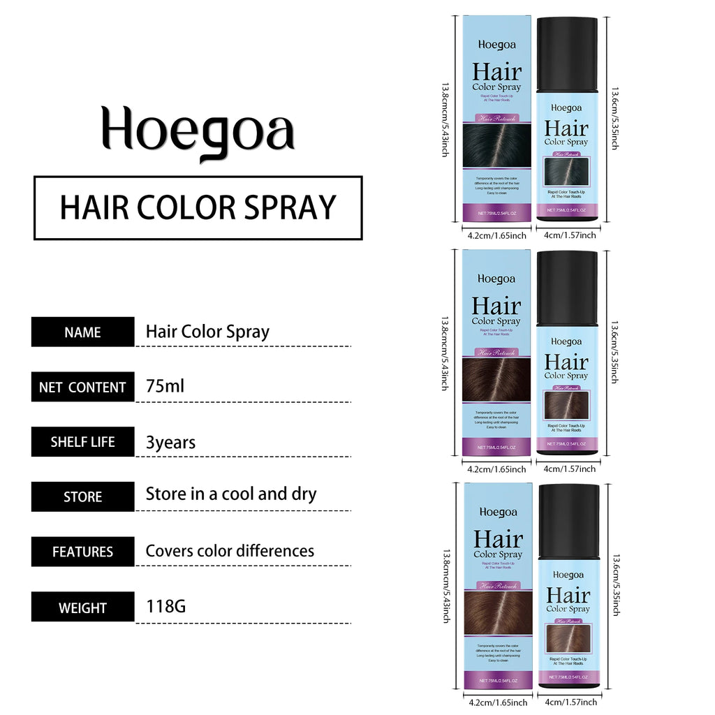 HOEGOA Once Hair Coloring Spray Light/Dark Brown Black  Long-lasting Covers Color Difference Easy to Wash Convenient Touch-up