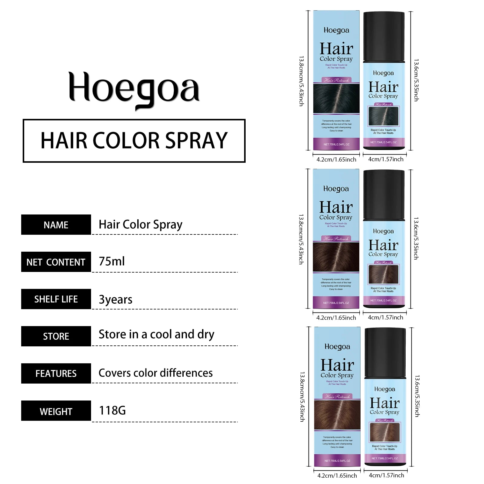 HOEGOA Once Hair Coloring Spray Light/Dark Brown Black  Long-lasting Covers Color Difference Easy to Wash Convenient Touch-up