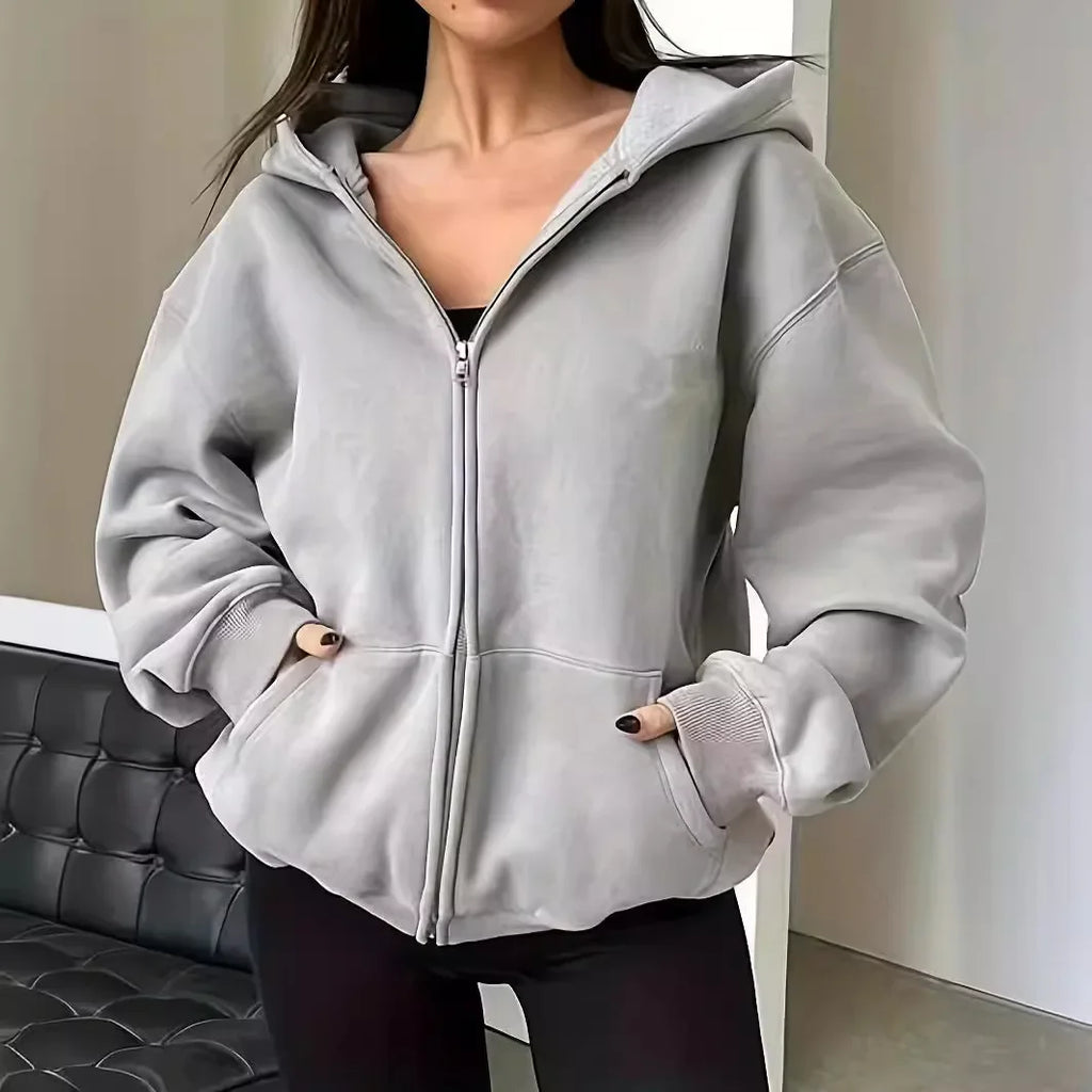 Plus Size Thick Zip-Up Hoodie Coat – Ribbed Pocket Sweatshirt Jacket
