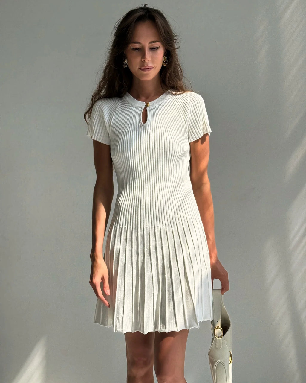Ribbed Knitting A-line Short Dress Chic Elegant Slim Summer Dress 2025 Short Sleeve Round Neck Fashion New Dresses Vestidos