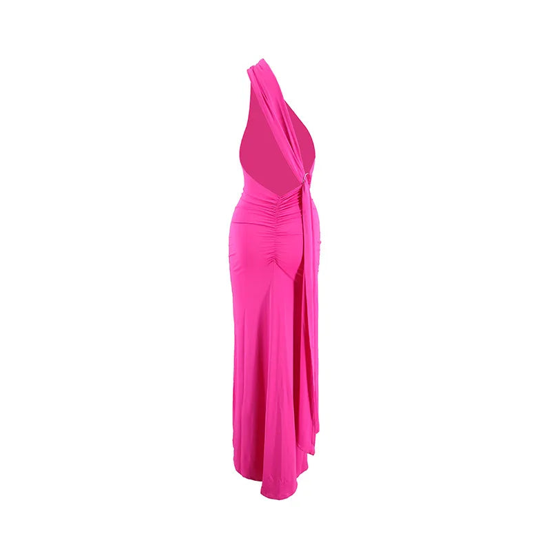 Women's One-Shoulder Sleeveless Maxi Dress Adjustable Scarf Loop Ruched Backless Bodycon Festival Party Outfit Elegant Long Gown
