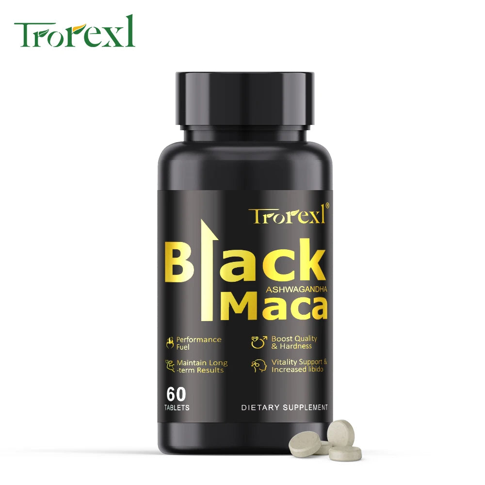 HABUMAMA Natural Black Maca Tablets with Ashwagandha & Black Pepper – Male Energy & Stamina Booster | Supports Vitality, Endurance & Performance (60 Tablets)