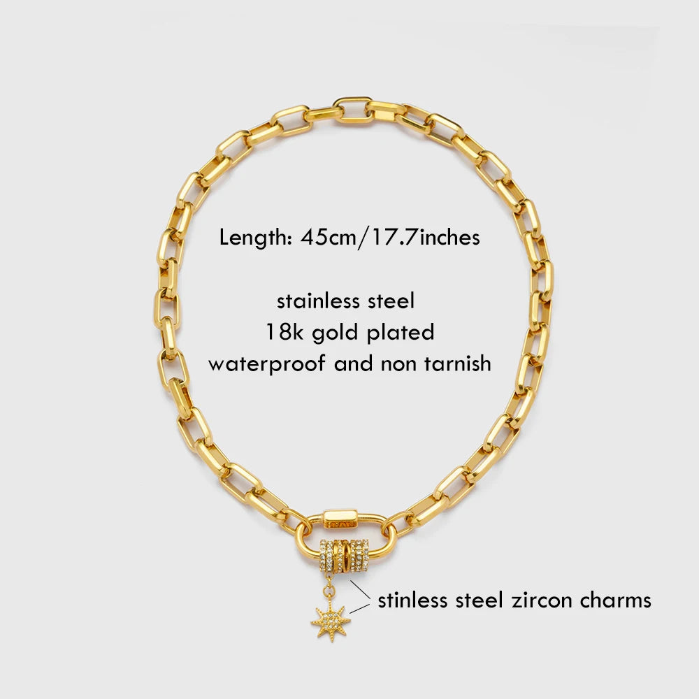 18K Gold-Plated Carabiner Necklace | Waterproof Stainless Steel Chain with Zircon Star Charm