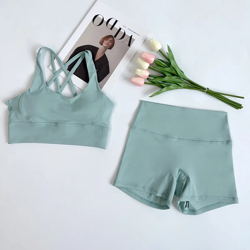 ZOCI 2-Piece Naked-Feel Yoga Set — Strappy Sports Bra & High-Waist Shorts for Women