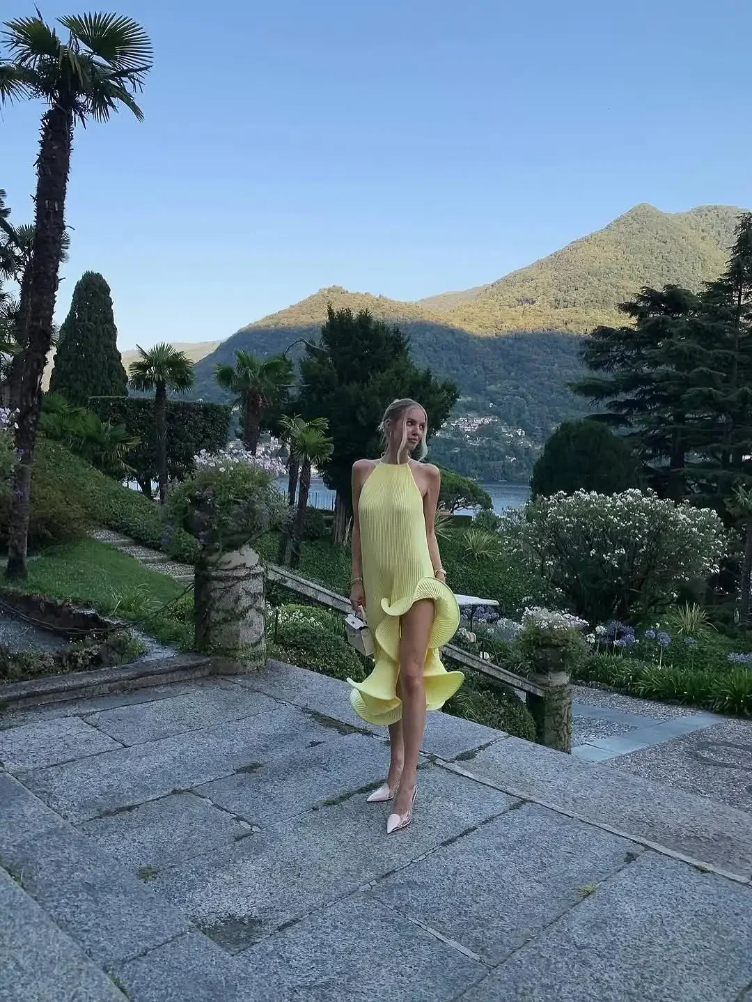 Women Romantic Yellow Halter Maxi Dress Ribbed Knit Ruffled High-slit Slim-fit Vestido 2026 Lady New Spring Trendy Fashion Robes