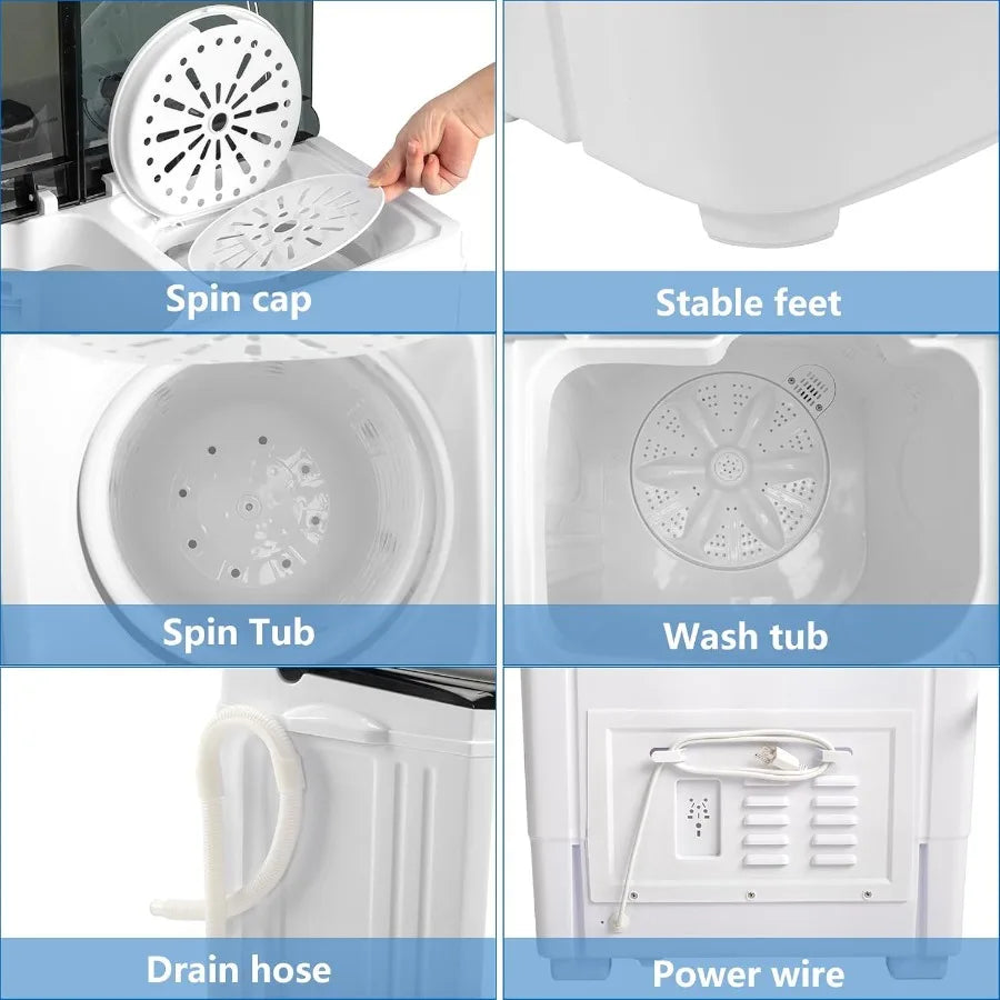 20LBS Portable Washing Machine Compact Mini Washer Machine Dryer Combo Built-in Gravity Drain Small Twin Tub Washer with Spin C