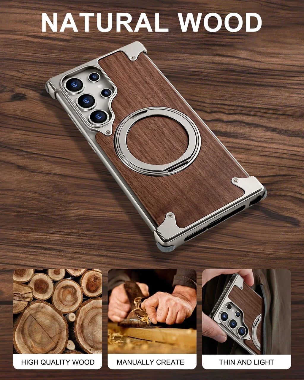 Eary Solid Wood Phone Case for Samsung Galaxy S25 S24 Ultra With Magsafe 360° Rotation Kickstand Frameless Protective Shells