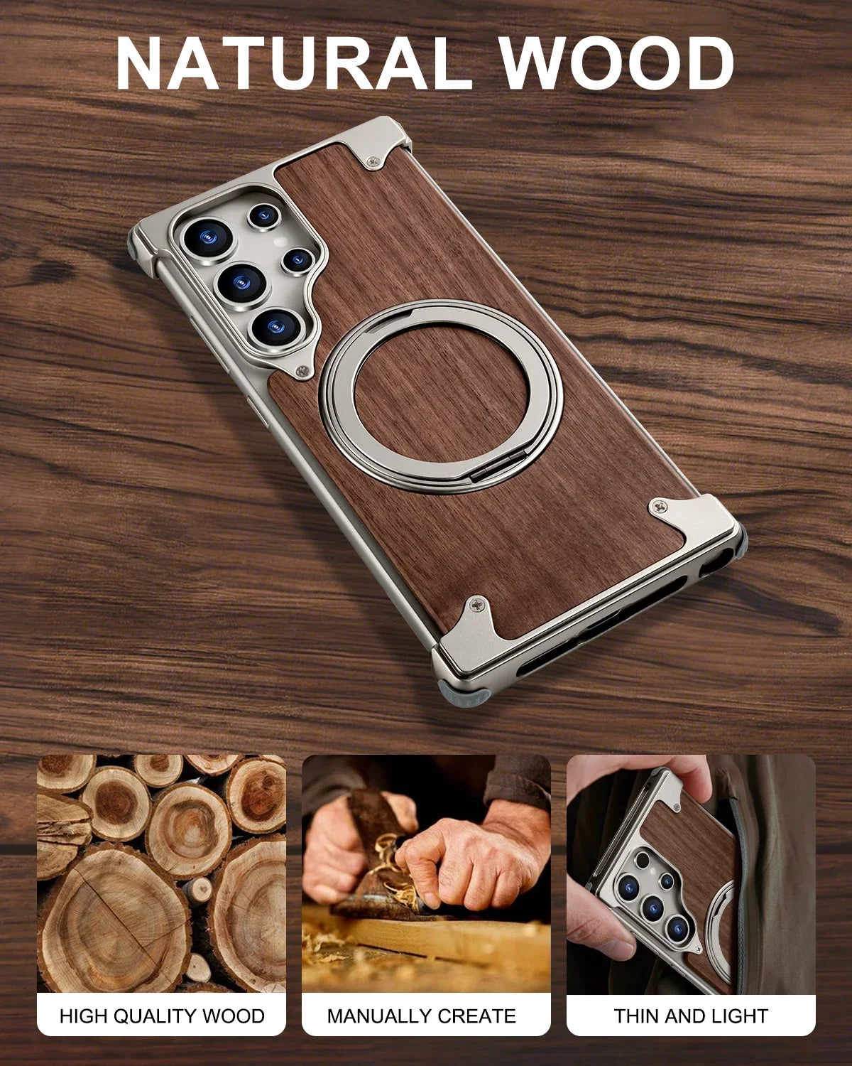 Eary Solid Wood Phone Case for Samsung Galaxy S25 S24 Ultra With Magsafe 360° Rotation Kickstand Frameless Protective Shells