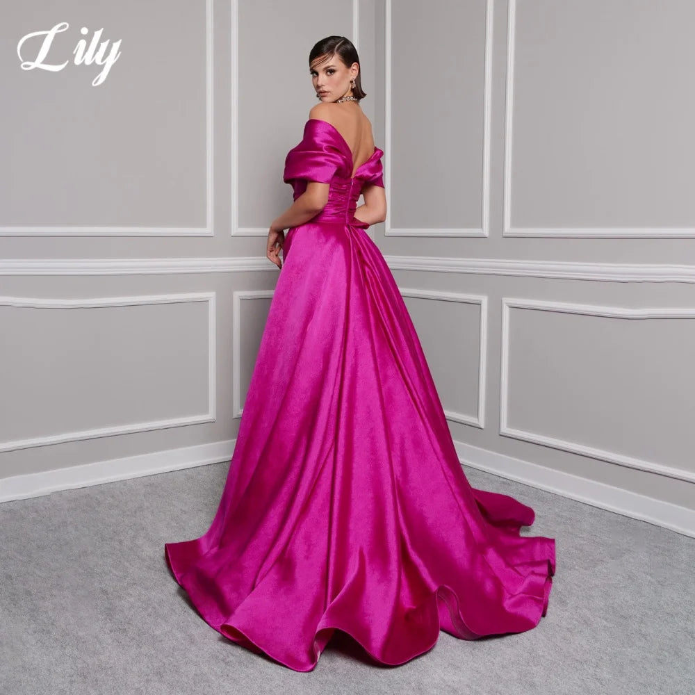 Lily Red Elegant Prom Gown V-Neck Off the Shoulder Party Dress for Woman Satin Pleating Side Split Evening Dresses Customized